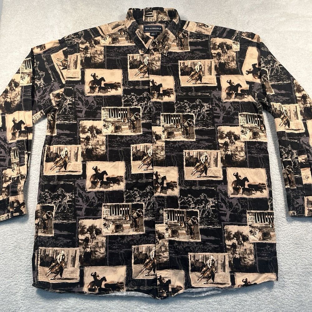 Vintage Bit & Bridle Button Down Shirt Men XLT Horses Western All Over Print AOP